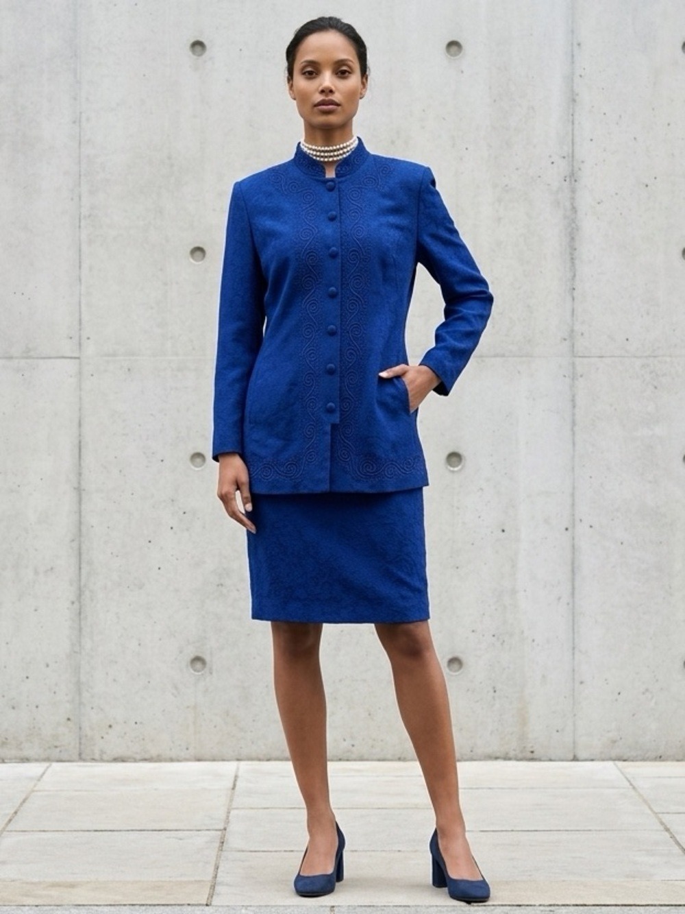 Santa Fe blue brocade dress looks like 2 piece suit (14) Barely worn in EUC